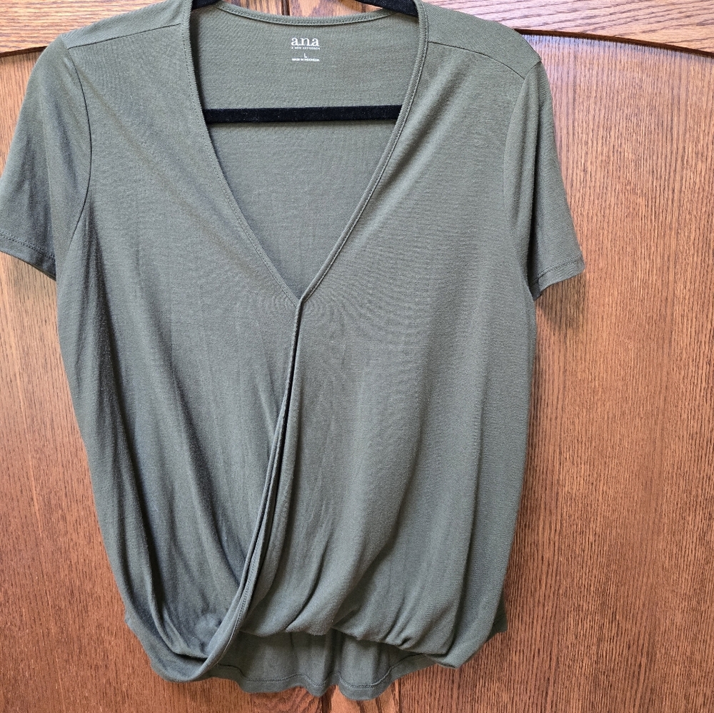 a.n.a. short sleeve mossy green v-neck faux wrap top